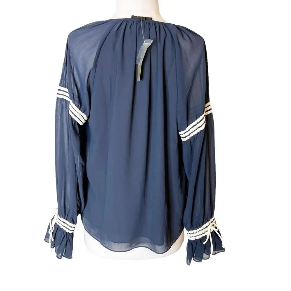 NWT J. CREW Flutter Cuff Crinkle Chiffon Top Blouse Peasant Navy Blue White sz M